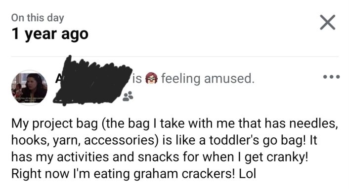 Person reflects on their project bag, describing it as filled with snacks and activities.